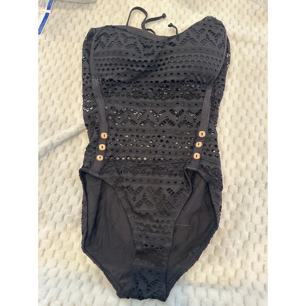 Choice by Bluewave Black Crochet Lace One Piece Swimsuit Halter Button Detail L - Picture 3 of 6